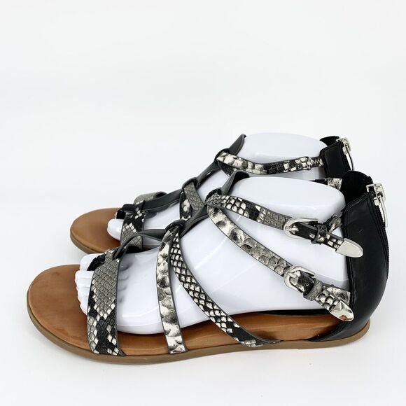 Nine West Gladiator Strappy Sandals Flats 9.5M Women Snake Print Gray Black BOHO - Picture 1 of 13